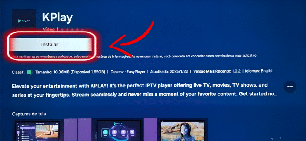 Clique em Instalar e aguarde a conclusão do download.