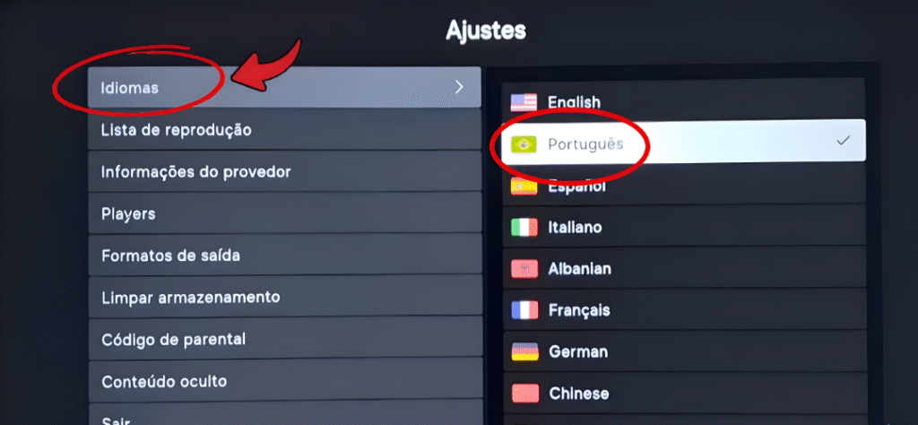 Altere o idioma para Português (Brasil) Configure sua lista IPTV (M3U ou Xtream)
